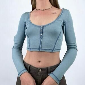 Out From Under Blue Contrast Stitch Patchwork Long Sleeve Cropped Top
